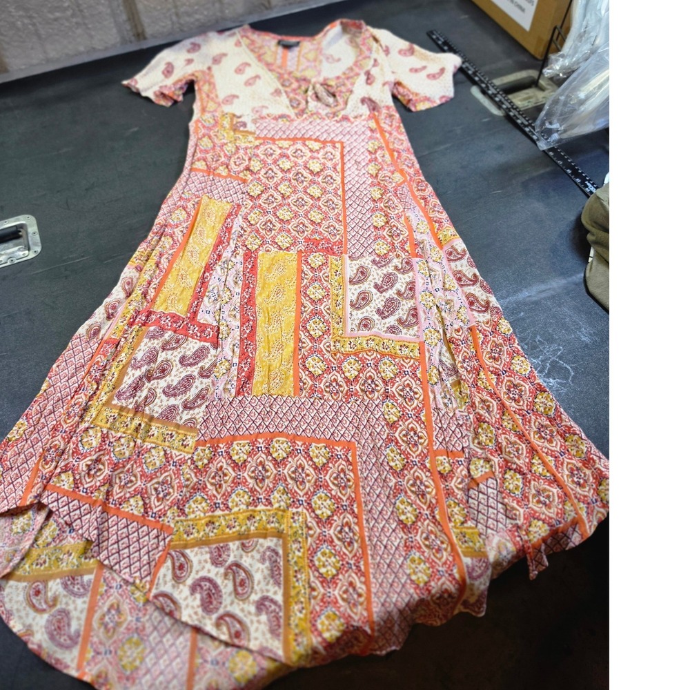 Angie Boho Mixed Patchwork Paisley Tie Front Midi Dress Orange Yellow Large